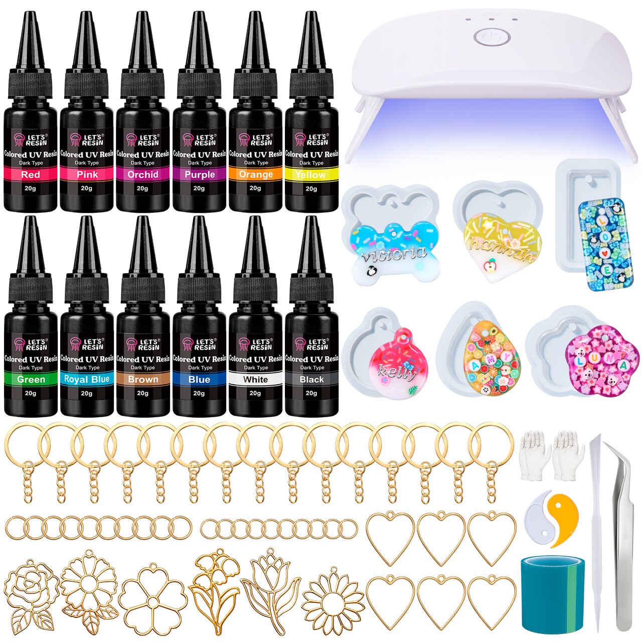 LET'S RESIN All-Inclusive Keychain Making Kit, 12-Color UV Resin with Keychain Molds Silicone, UV Light, 6 Styles Flower and Heart Open Bezels for Resin, Jewelry Making Kit for Beginners, Craft Decor